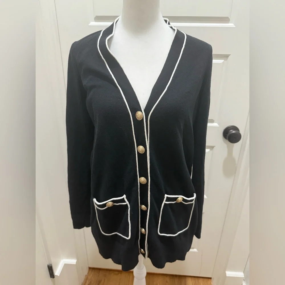 L'AGENCE. Black & White Ronny Piped Wool and Cotton Cardigan. Size Medium. - Picture 3 of 10